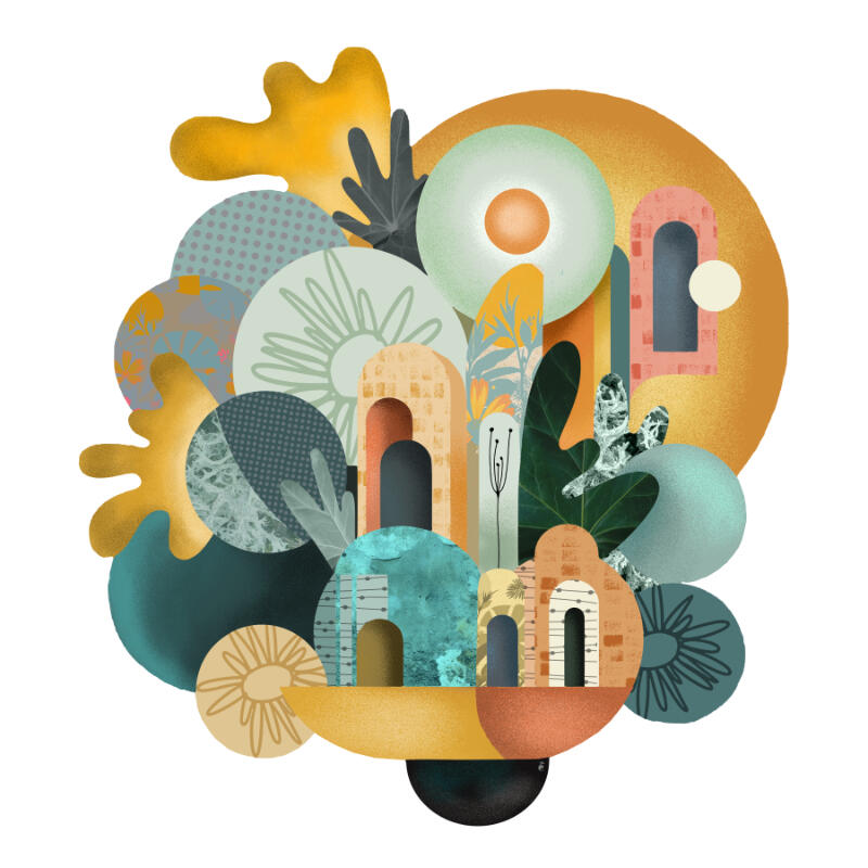 An abstract digital illustration with a grainy, stippled texture featuring a cluster of overlapping organic shapes. The composition resembles a stylized tree or bouquet, composed of rounded circles, architectural arches, and dark green leafy silhouettes. T