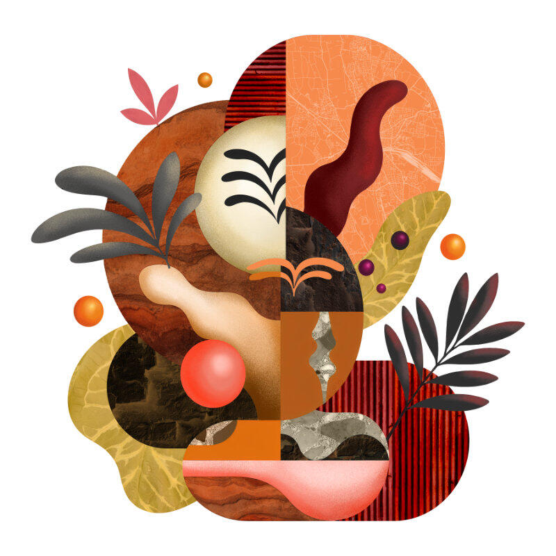 A digital abstract illustration on a white background with a heavy, grainy risograph-style texture. The central composition, titled "TERRA NOSTRA," features overlapping organic and geometric shapes in an earthy palette of terracotta, mustard yellow, deep b